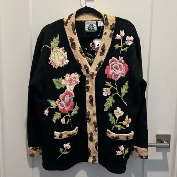 Vintage Storybook Knits Leopard in the Garden Floral Theme Sweater - Picture 1 of 14